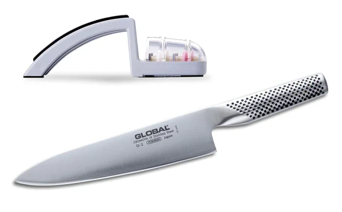 Global 71G2220GB | G-2 8" Chef’s Knife and Grey 2-Stage Sharpener Set