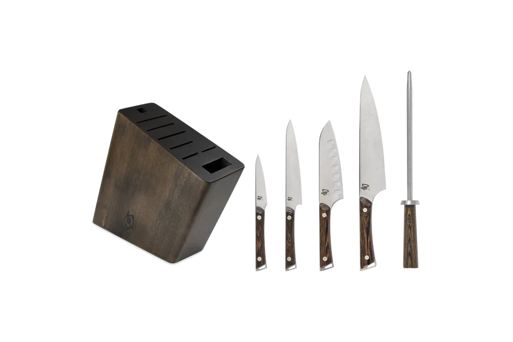 Shun SWTS0600 | Kanso 6 Pc Block Set | Paring 3.5", Santoku 5.5", Utility 6", Chef's 8", Honing Steel 9", Block 8-slot